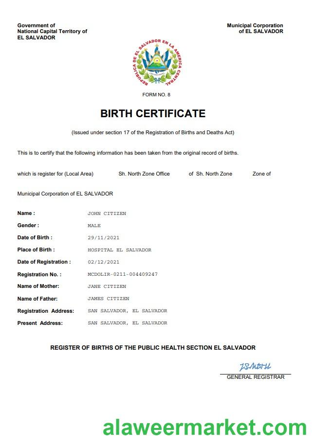 El Salvador vital record birth certificate Word and PDF template